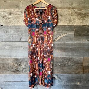 Vintage Lane Bryant Caftan‎ Pattern Midi Dress Multicolor Poly Satin Tie 18/20